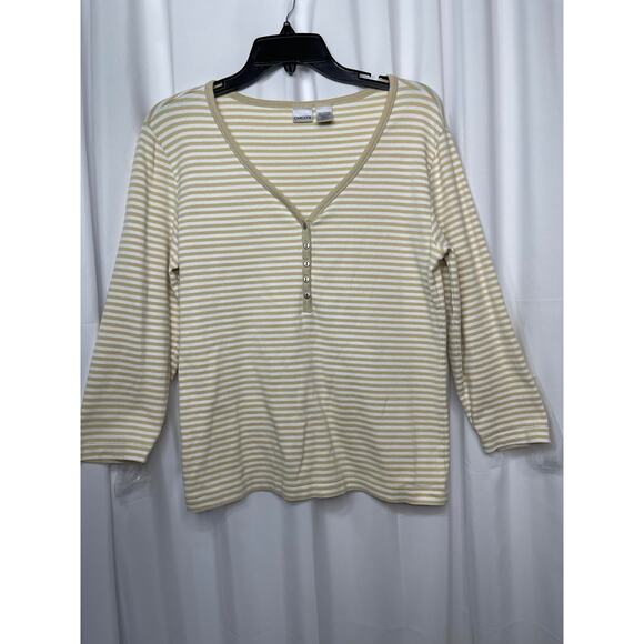 Chico's t-shirt knit tee women's 8 small white tan stripe v neck button detail - Picture 7 of 11